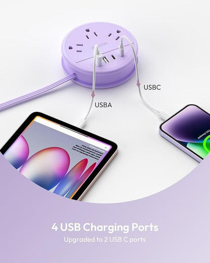NTONPOWER Travel Power Strip, Cruise Essentials & Purple round Strip 3 AC Outlets 4 USB Ports(2 USB C) 4FT Wrapped around Extension Cord Home Office & Perfect Gift for Travel Essentials