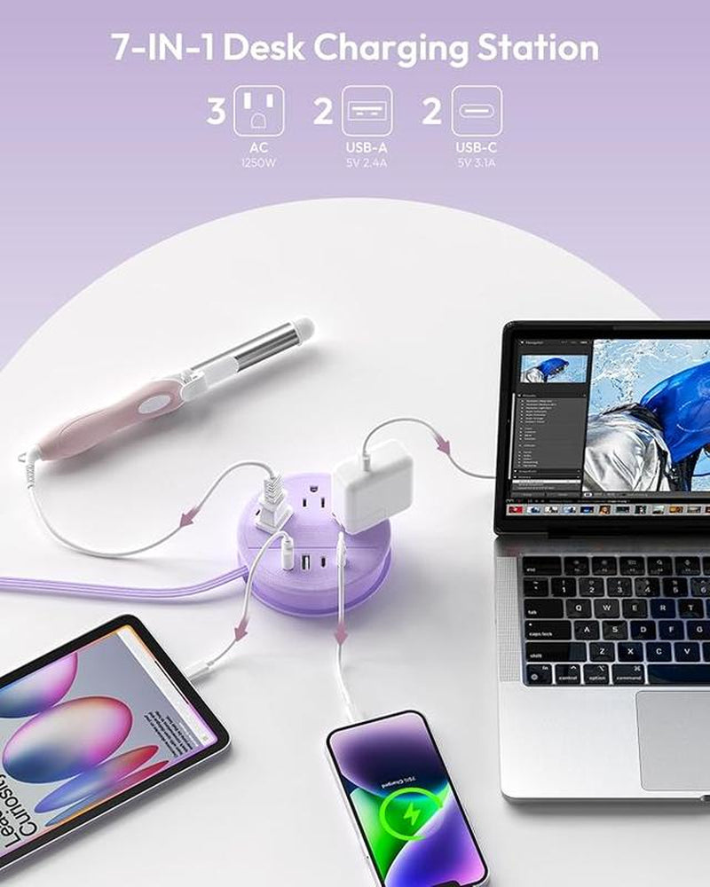 NTONPOWER Travel Power Strip, Cruise Essentials & Purple round Strip 3 AC Outlets 4 USB Ports(2 USB C) 4FT Wrapped around Extension Cord Home Office & Perfect Gift for Travel Essentials