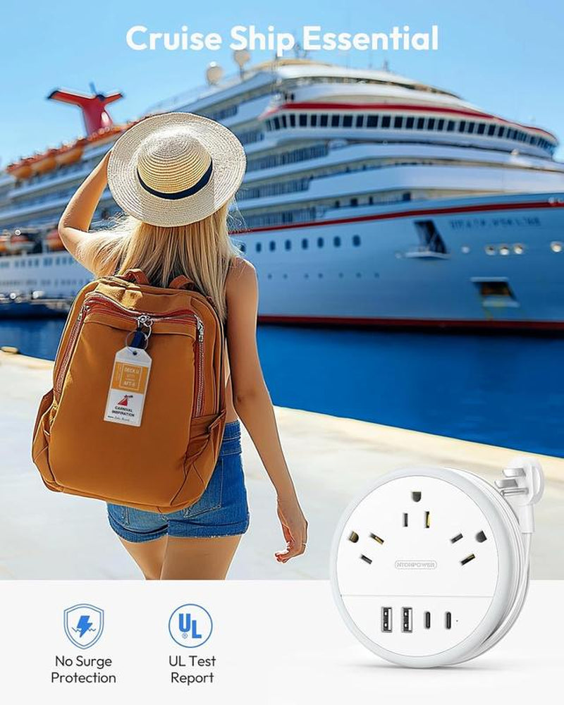 NTONPOWER Travel Power Strip, Cruise Essentials & Purple round Strip 3 AC Outlets 4 USB Ports(2 USB C) 4FT Wrapped around Extension Cord Home Office & Perfect Gift for Travel Essentials