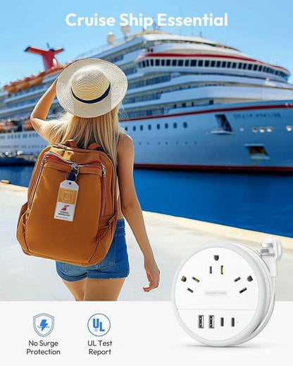 NTONPOWER Travel Power Strip, Cruise Essentials & Purple round Strip 3 AC Outlets 4 USB Ports(2 USB C) 4FT Wrapped around Extension Cord Home Office & Perfect Gift for Travel Essentials