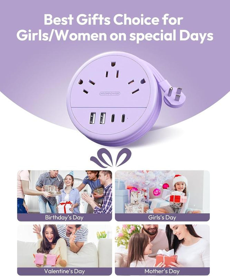 NTONPOWER Travel Power Strip, Cruise Essentials & Purple round Strip 3 AC Outlets 4 USB Ports(2 USB C) 4FT Wrapped around Extension Cord Home Office & Perfect Gift for Travel Essentials