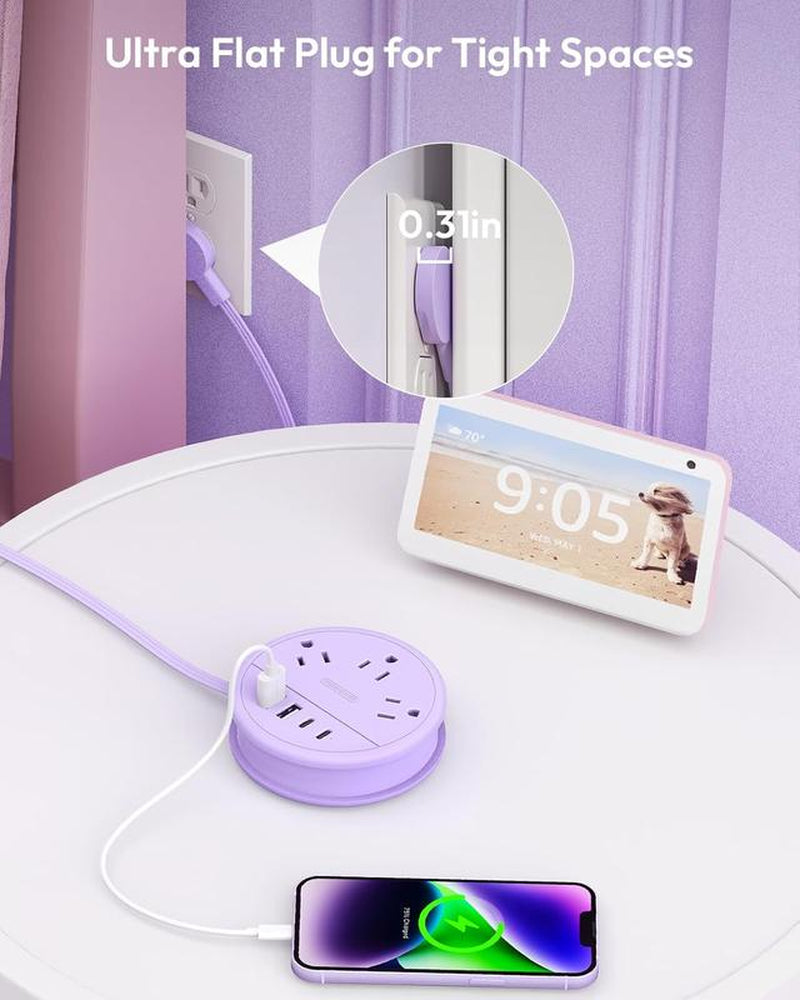NTONPOWER Travel Power Strip, Cruise Essentials & Purple round Strip 3 AC Outlets 4 USB Ports(2 USB C) 4FT Wrapped around Extension Cord Home Office & Perfect Gift for Travel Essentials