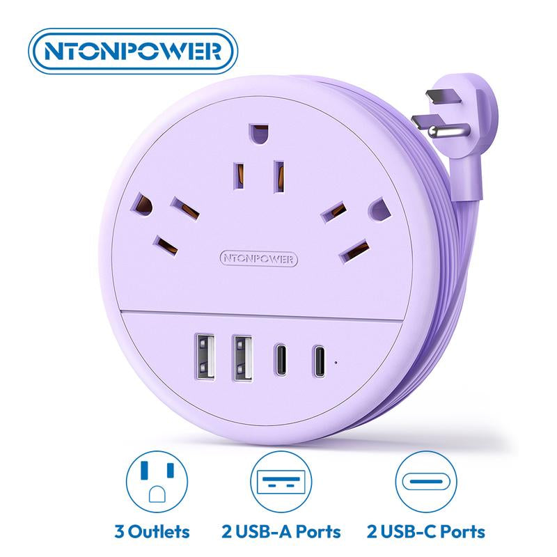 NTONPOWER Travel Power Strip, Cruise Essentials & Purple round Strip 3 AC Outlets 4 USB Ports(2 USB C) 4FT Wrapped around Extension Cord Home Office & Perfect Gift for Travel Essentials