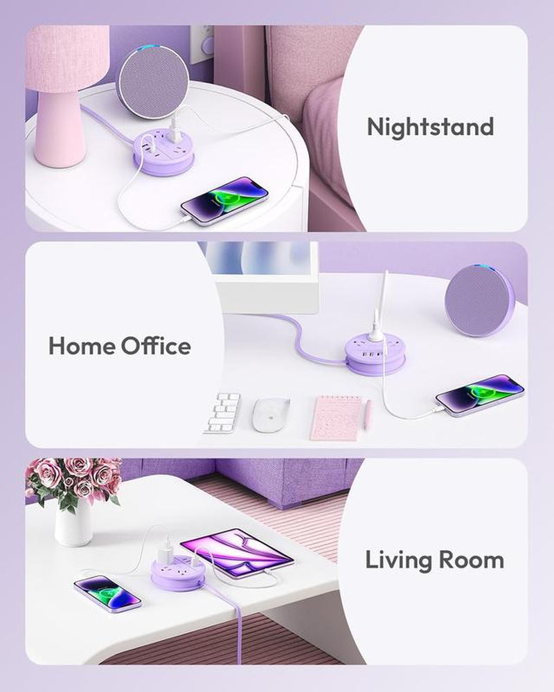 NTONPOWER Travel Power Strip, Cruise Essentials & Purple round Strip 3 AC Outlets 4 USB Ports(2 USB C) 4FT Wrapped around Extension Cord Home Office & Perfect Gift for Travel Essentials