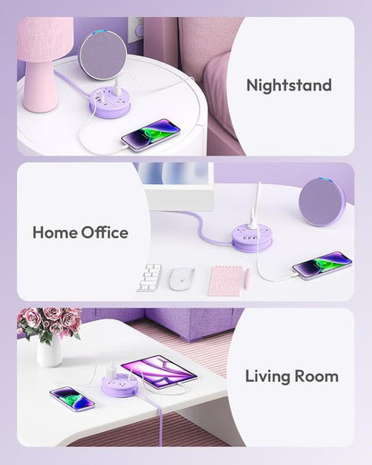 NTONPOWER Travel Power Strip, Cruise Essentials & Purple round Strip 3 AC Outlets 4 USB Ports(2 USB C) 4FT Wrapped around Extension Cord Home Office & Perfect Gift for Travel Essentials